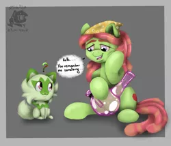 Size: 2999x2568 | Tagged: safe, artist:valemjj, derpibooru import, tree hugger, earth pony, pony, bong, clothes, crossover, eye contact, headscarf, image, looking at each other, looking at someone, png, pokémon, scarf, simple background, speech bubble, sprigatito, text, watermark