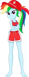 Size: 800x2078 | Tagged: safe, artist:steyrrdash, derpibooru import, rainbow dash, equestria girls, barefoot, belly button, crossed arms, feet, female, hat, image, lifeguard, png, simple background, smiling, solo, transparent background, vector