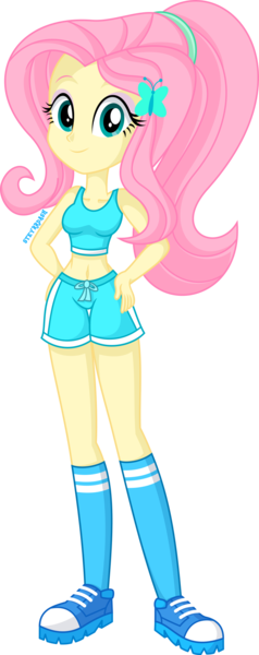 Size: 800x2018 | Tagged: safe, artist:steyrrdash, derpibooru import, fluttershy, equestria girls, belly button, clothes, female, hand on hip, image, jogging, png, shorts, simple background, socks, solo, sports bra, sports shoes, sports shorts, transparent background, vector