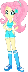 Size: 800x2018 | Tagged: safe, artist:steyrrdash, derpibooru import, fluttershy, equestria girls, belly button, clothes, female, hand on hip, image, jogging, png, shorts, simple background, socks, solo, sports bra, sports shoes, sports shorts, transparent background, vector