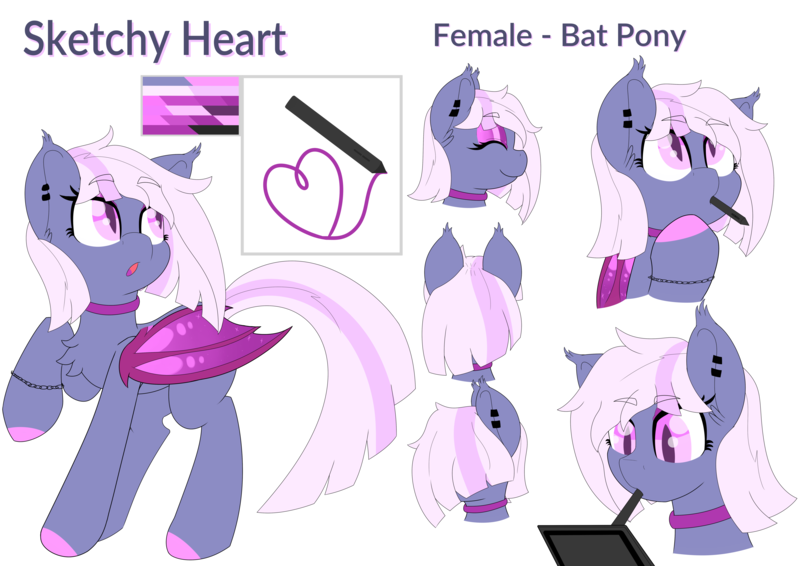 Size: 7658x5417 | Tagged: safe, artist:gnashie, derpibooru import, oc, oc:sketchy heart, unofficial characters only, bat pony, bat pony oc, bat wings, bracelet, chest fluff, choker, cutie mark, drawing, drawing tablet, ear fluff, ear piercing, earring, eyes closed, eyeshadow, image, jewelry, makeup, mouth hold, open mouth, piercing, png, raised hoof, reference sheet, tablet, tablet pen, tail, text, thinking, wings