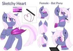 Size: 7658x5417 | Tagged: safe, artist:gnashie, derpibooru import, oc, oc:sketchy heart, unofficial characters only, bat pony, bat pony oc, bat wings, bracelet, chest fluff, choker, cutie mark, drawing, drawing tablet, ear fluff, ear piercing, earring, eyes closed, eyeshadow, image, jewelry, makeup, mouth hold, open mouth, piercing, png, raised hoof, reference sheet, tablet, tablet pen, tail, text, thinking, wings