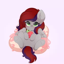 Size: 2000x2000 | Tagged: safe, artist:yomechka, derpibooru import, oc, oc:evening prose, oc:strawberry jam, unofficial characters only, pegasus, pony, blushing, bread, ear fluff, eyebrows, eyebrows visible through hair, eyelashes, feathered wings, female, folded wings, food, freckles, green eyes, high res, image, jewelry, looking at you, lying down, mare, necklace, on back, pearl necklace, pink background, png, red hair, simple background, sitting, solo, strawberry, underhoof, wings