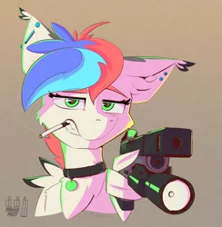 Size: 1800x1846 | Tagged: safe, artist:pedalspony, derpibooru import, oc, oc:pedals, cigarette, collar, delet this, ear piercing, glock, gun, handgun, image, pedals, piercing, pistol, png, pointing gun at you, scowling, smoking, sticker, transgender, transmare, weapon, winghold