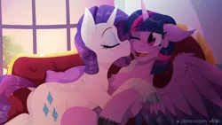 Size: 1920x1080 | Tagged: safe, artist:willoillo, derpibooru import, rarity, twilight sparkle, twilight sparkle (alicorn), alicorn, pony, unicorn, chest fluff, dock, female, image, kissing, lesbian, looking at each other, looking at someone, png, rarilight, shipping, smiling, sunset, tail, wallpaper, wings