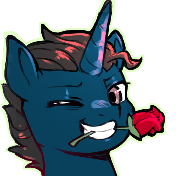 Size: 1159x1159 | Tagged: safe, artist:cold-blooded-twilight, derpibooru import, oc, oc:slashing prices, pony, unicorn, commission, cowlick, eyebrows, flower, flower in mouth, horn, icon, image, looking at you, male, mouth hold, one eye closed, png, rose, rose in mouth, simple background, smiling, smirk, solo, stallion, teeth, transparent background, unicorn oc, wink