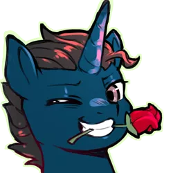 Size: 1159x1159 | Tagged: safe, artist:cold-blooded-twilight, derpibooru import, oc, oc:slashing prices, pony, unicorn, commission, cowlick, eyebrows, flower, flower in mouth, horn, icon, image, looking at you, male, mouth hold, one eye closed, png, rose, rose in mouth, simple background, smiling, smirk, solo, stallion, teeth, transparent background, unicorn oc, wink
