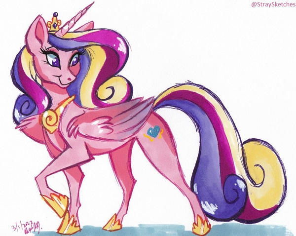 Size: 600x478 | Tagged: safe, artist:stray-sketches, derpibooru import, princess cadance, alicorn, pony, female, image, jpeg, looking back, mare, prismacolors, simple background, smiling, solo, traditional art, white background