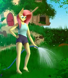 Size: 3500x4000 | Tagged: safe, artist:skanim-sdw, derpibooru import, fluttershy, anthro, plantigrade anthro, comic:troubles of being breezie, clothes, comic, commission, feet, female, flip-flops, fluttershy's cottage, garden, grass, heel pop, image, png, sandals, shorts, water, water hose