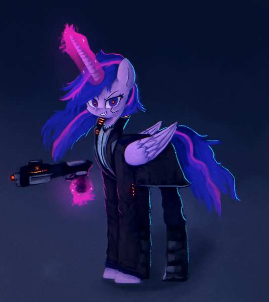 Size: 1158x1298 | Tagged: safe, artist:menalia, derpibooru import, princess twilight 2.0, twilight sparkle, twilight sparkle (alicorn), alicorn, cyborg, cyborg pony, pony, the last problem, boots, clothes, coat, crazy face, cyberpunk, dark background, faic, gun, image, long mane, magic, magic aura, older, older twilight, pants, png, shoes, shotgun, simple background, weapon