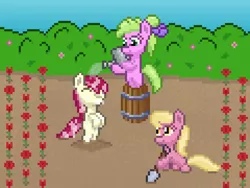 Size: 960x720 | Tagged: safe, artist:nitobit, derpibooru import, daisy, flower wishes, lily, lily valley, roseluck, earth pony, pony, alternate hairstyle, barrel, bush, cute, female, filly, flower, flower trio, foal, garden, image, pixel art, png, shovel, watering can, wet, wet mane, younger