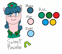 Size: 353x310 | Tagged: safe, artist:nukepony360, derpibooru import, oc, oc:sweet placebo, unofficial characters only, earth pony, pony, hat, image, png, reference sheet, simple background, solo, white background