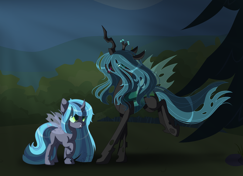 Size: 4536x3288 | Tagged: safe, artist:dinkydoolove, derpibooru import, queen chrysalis, changeling queen oc, oc, changeling, changeling queen, pony, base used, duo, female, image, outdoors, parent:queen chrysalis, png