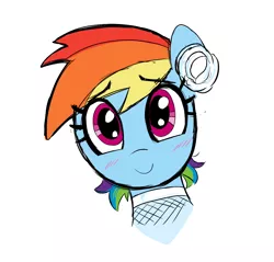 Size: 1104x1056 | Tagged: safe, artist:_ton618_, derpibooru import, rainbow dash, pegasus, pony, aggie.io, blushing, bust, clothes, dress, female, flower, flower in hair, image, looking at you, mare, png, portrait, simple background, smiling, solo, wedding dress, white background