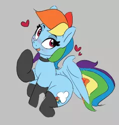 Size: 331x349 | Tagged: safe, artist:pabbley, derpibooru import, rainbow dash, pegasus, pony, aggie.io, blushing, clothes, collar, female, heart, image, looking at you, looking up, mare, open mouth, png, raised hoof, simple background, sitting, smiling, socks, spread wings, wings