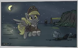 Size: 346x212 | Tagged: safe, artist:pabbley, derpibooru import, derpy hooves, pegasus, pony, aggie.io, clothes, desert, flying, hat, image, lowres, mail, mailbag, moon, night, night sky, png, simple background, sky, smiling, spread wings, stars, wings