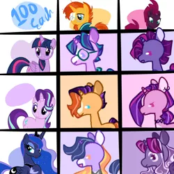 Size: 1280x1280 | Tagged: safe, artist:goldlines005, derpibooru import, princess luna, starlight glimmer, sunburst, tempest shadow, twilight sparkle, twilight sparkle (alicorn), alicorn, pony, base used, female, hoof shoes, image, looking back, magical lesbian spawn, male, mare, offspring, parent:princess luna, parent:starlight glimmer, parent:sunburst, parent:tempest shadow, parent:twilight sparkle, parents:lunaburst, parents:starburst, parents:tempestlight, parents:tempestluna, parents:twiburst, png, stallion