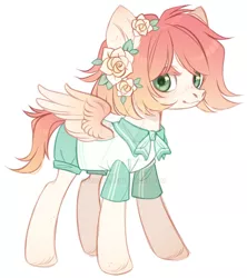 Size: 1024x1153 | Tagged: safe, artist:miioko, derpibooru import, oc, unofficial characters only, pegasus, pony, clothes, deviantart watermark, flower, flower in hair, image, jpeg, obtrusive watermark, pegasus oc, simple background, smiling, solo, watermark, white background, wings