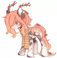 Size: 1024x1050 | Tagged: safe, artist:miioko, derpibooru import, oc, unofficial characters only, pony, antlers, clothes, deviantart watermark, hair over one eye, image, jpeg, obtrusive watermark, scarf, simple background, solo, watermark, white background