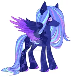 Size: 1024x1117 | Tagged: safe, artist:miioko, derpibooru import, oc, unofficial characters only, pegasus, pony, deviantart watermark, ethereal mane, hair over one eye, image, jpeg, obtrusive watermark, pegasus oc, simple background, solo, starry mane, starry wings, watermark, white background, wings