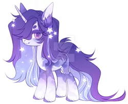 Size: 1024x830 | Tagged: safe, artist:miioko, derpibooru import, oc, unofficial characters only, pony, unicorn, deviantart watermark, ethereal mane, hair over one eye, horn, image, jpeg, obtrusive watermark, simple background, smiling, solo, starry mane, unicorn oc, watermark, white background