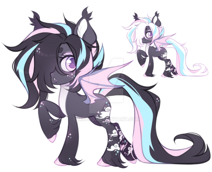 Size: 1024x833 | Tagged: safe, artist:miioko, derpibooru import, oc, unofficial characters only, bat pony, pony, bat pony oc, bat wings, deviantart watermark, duo, hair over one eye, hoof fluff, image, obtrusive watermark, png, raised hoof, simple background, transparent background, watermark, white background, wings