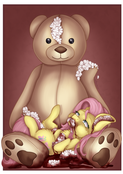 Size: 1024x1449 | Tagged: grimdark, artist:maneblue, derpibooru import, fluttershy, bear, original species, pegasus, plush pony, pony, blood, ear fluff, female, image, mare, paws, plushie, png, simple background, stuffing, teddy bear, transparent background, underpaw