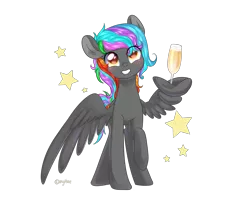 Size: 5000x4000 | Tagged: safe, artist:kaikururu, derpibooru import, oc, oc:rainbow marble, unofficial characters only, pegasus, pony, champagne glass, commission, eye clipping through hair, grin, image, multicolored hair, png, rainbow hair, simple background, smiling, solo, transparent background, wing hold, wings, ych result