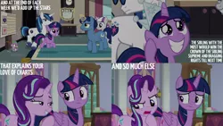 Size: 1280x720 | Tagged: safe, derpibooru import, edit, edited screencap, editor:quoterific, screencap, night light, shining armor, spike, starlight glimmer, twilight sparkle, twilight sparkle (alicorn), twilight velvet, alicorn, dragon, pony, unicorn, season 9, sparkle's seven, spoiler:s09, baby, baby dragon, baby spike, colt, colt shining armor, crown, cute, female, filly, filly twilight sparkle, foal, grin, hard-won helm of the sibling supreme, image, jewelry, magic, male, mare, open mouth, open smile, png, regalia, school of friendship, smiling, stallion, telekinesis, text, twiabetes, unicorn twilight, younger