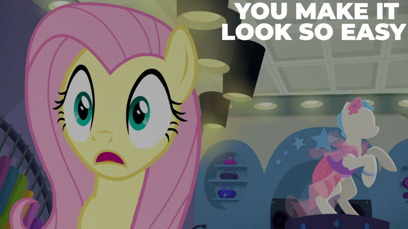 Size: 1280x720 | Tagged: safe, derpibooru import, edit, edited screencap, editor:quoterific, screencap, fluttershy, pegasus, pony, fake it 'til you make it, season 8, spoiler:s08, clothes, dress, female, image, jpeg, mannequin, mare, open mouth, solo, text