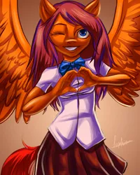 Size: 1920x2400 | Tagged: artist needed, safe, derpibooru import, oc, oc:lucky, anthro, pegasus, blouse, bowtie, clothes, crossdressing, heart hands, image, looking at you, one eye closed, pegasus oc, png, school uniform, skirt, spread wings, wings, wink, winking at you