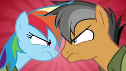 Size: 1920x1080 | Tagged: safe, derpibooru import, screencap, quibble pants, rainbow dash, earth pony, pegasus, pony, season 6, stranger than fan fiction, angry, duo, female, image, looking at each other, looking at someone, male, mare, png, red background, simple background, stallion