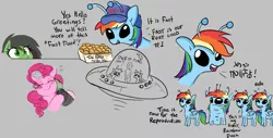 Size: 953x484 | Tagged: artist needed, safe, derpibooru import, pinkie pie, rainbow dash, oc, oc:anon, oc:anonfilly, alien, alien pony, human, pegasus, pony, asexual reproduction, clone, cloning, covering, explicit source, eyes closed, female, filly, flying saucer, human on pony petting, image, mitosis, petting, png, siblings, simple background, sisters, sketch, sketch dump, this will end in probing