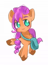 Size: 768x1024 | Tagged: safe, artist:pnpn_721, derpibooru import, sunny starscout, earth pony, pony, bag, braided ponytail, cute, female, g5, image, jpeg, looking at you, mare, raised hoof, saddle bag, simple background, solo, sunnybetes, white background