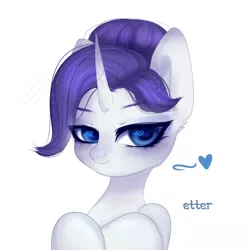 Size: 1024x1024 | Tagged: safe, artist:etter, derpibooru import, rarity, pony, unicorn, blushing, bust, colored pupils, cute, eyebrows, female, heart, horn, image, mare, new hairstyle, png, portrait, simple background, solo, watermark, white background