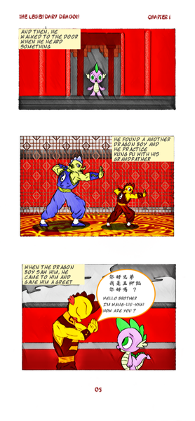 Size: 592x1280 | Tagged: safe, artist:spike-love, derpibooru import, spike, anthro, dragon, comic:the legendary dragon story, baby, baby dragon, cloud, cloudy, comic, dragon kingdom, grandfather, greeting, image, kung fu, male, martial art, my little pony, png, practice, temple, wang-liu-khai, yang-fu, young