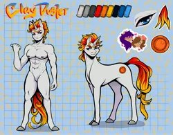 Size: 2996x2340 | Tagged: suggestive, artist:paintedcora, derpibooru import, oc, unofficial characters only, anthro, pony, unguligrade anthro, unicorn, abs, commission, digital art, featureless crotch, horn, image, jpeg, male, male nipples, nipples, nudity, pecs, reference sheet, solo, solo male, tail, thighs