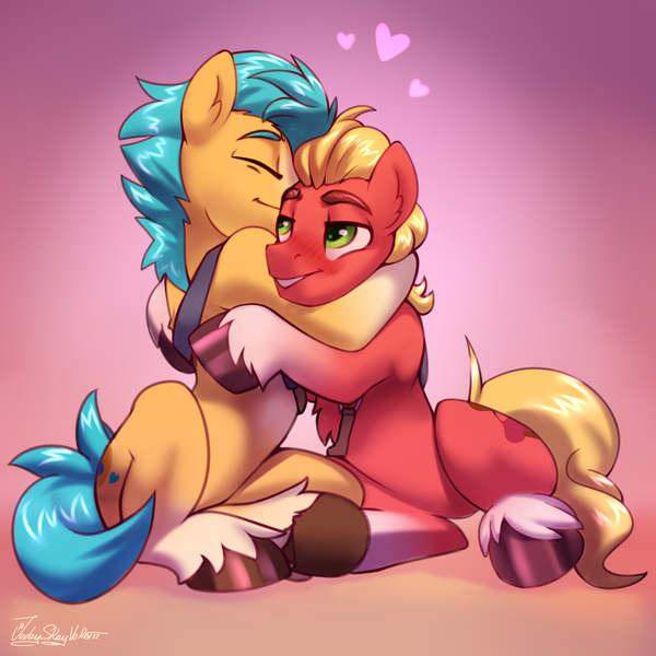 Size: 3000x3000 | Tagged: safe, artist:jedayskayvoker, derpibooru import, hitch trailblazer, sprout cloverleaf, pony, blushing, cute, cutie mark, eyebrows, g5, gay, gradient background, hooves, hug, image, male, males only, png, unshorn fetlocks