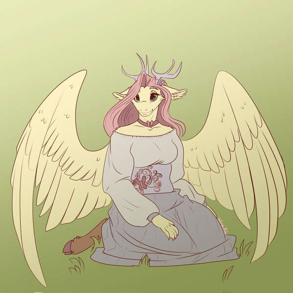 Size: 2048x2048 | Tagged: safe, artist:unfinishedheckery, derpibooru import, fluttershy, anthro, draconequus, unguligrade anthro, antlers, breasts, busty fluttershy, clothes, digital art, draconequified, female, flutterequus, horn, image, jpeg, kneeling, looking at you, shirt, simple background, skirt, solo, species swap, spread wings, wings