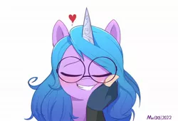 Size: 1992x1356 | Tagged: safe, alternate version, artist:mar0x8, derpibooru import, izzy moonbow, human, pony, unicorn, blushing, clothes, cute, eyes closed, female, fingerless gloves, g5, glasses, gloves, grin, hand, heart, image, izzybetes, jpeg, mare, meganekko, offscreen character, simple background, smiling, solo, white background