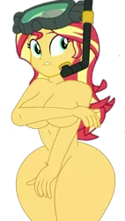 Size: 818x1440 | Tagged: suggestive, derpibooru import, edit, edited screencap, screencap, sunset shimmer, equestria girls, background removed, big breasts, breasts, busty sunset shimmer, covering, covering breasts, covering crotch, diving goggles, image, nudity, png, simple background, snorkel, transparent background