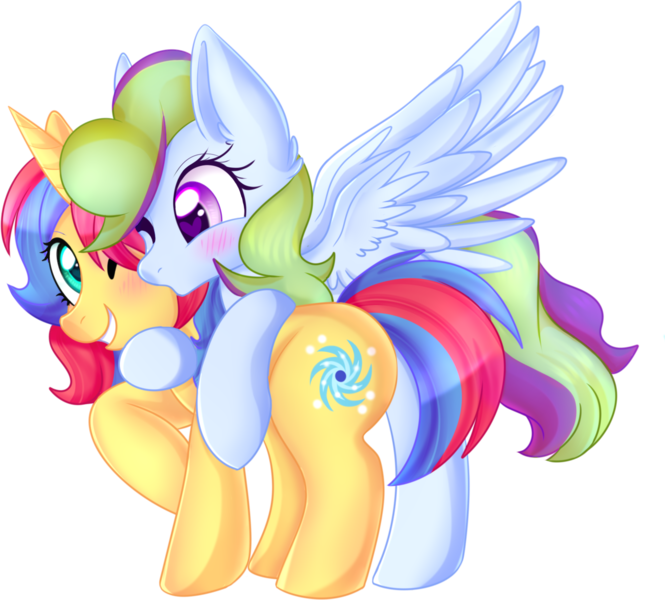 Size: 1390x1255 | Tagged: safe, artist:xvxcammyblossomxvx, derpibooru import, oc, unofficial characters only, pegasus, pony, unicorn, blushing, duo, female, grin, horn, hug, image, lesbian, oc x oc, pegasus oc, png, shipping, smiling, tp, unicorn oc, wings