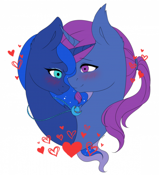 Size: 700x772 | Tagged: safe, artist:torihime, derpibooru import, princess luna, oc, oc:azure night, azuna, canon x oc, commission, heart, image, jewelry, necklace, png, shipping, simple background, transparent background, ych result