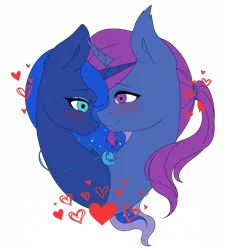 Size: 700x772 | Tagged: safe, artist:torihime, derpibooru import, princess luna, oc, oc:azure night, azuna, canon x oc, commission, heart, image, jewelry, necklace, png, shipping, simple background, transparent background, ych result