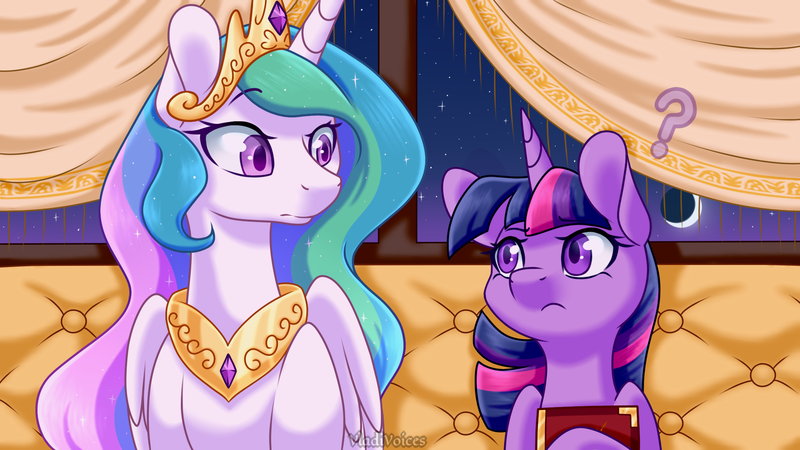 Size: 1920x1080 | Tagged: safe, artist:vladivoices, derpibooru import, part of a set, princess celestia, twilight sparkle, alicorn, pony, unicorn, fanfic:friendship is tragic, animatic, blushing, book, duo, female, image, looking at each other, looking at someone, part of a series, png, unicorn twilight