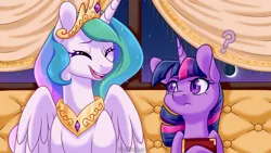 Size: 1920x1080 | Tagged: safe, artist:vladivoices, derpibooru import, part of a set, princess celestia, twilight sparkle, alicorn, pony, unicorn, fanfic:friendship is tragic, animatic, duo, eyes closed, female, frown, image, laughing, part of a series, png, question mark, smiling, unamused, unicorn twilight