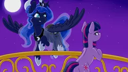 Size: 1920x1080 | Tagged: artist needed, safe, artist:vladivoices, derpibooru import, part of a set, princess luna, twilight sparkle, alicorn, pony, unicorn, fanfic:friendship is tragic, animatic, balcony, duo, female, flying, image, moon, night, png, unicorn twilight