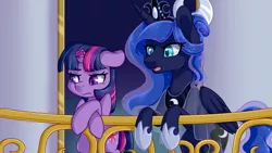 Size: 1920x1080 | Tagged: safe, artist:vladivoices, derpibooru import, part of a set, princess luna, twilight sparkle, alicorn, pony, unicorn, fanfic:friendship is tragic, animatic, balcony, broken horn, duo, horn, image, png, unicorn twilight