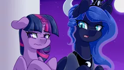 Size: 1920x1080 | Tagged: safe, artist:vladivoices, derpibooru import, part of a set, princess luna, twilight sparkle, alicorn, pony, unicorn, fanfic:friendship is tragic, animatic, balcony, broken horn, duo, horn, image, open mouth, png, unicorn twilight