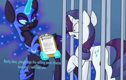 Size: 2999x1920 | Tagged: safe, artist:moonatik, derpibooru import, nightmare moon, rarity, alicorn, pony, unicorn, alternate timeline, cage, captive, clipboard, clothes, contract, deltarune, ethereal mane, ethereal tail, eyeshadow, female, helmet, image, magic, makeup, mare, new lunar millennium, nightmare takeover timeline, peytral, png, queen (deltarune), raised hoof, shoes, tail